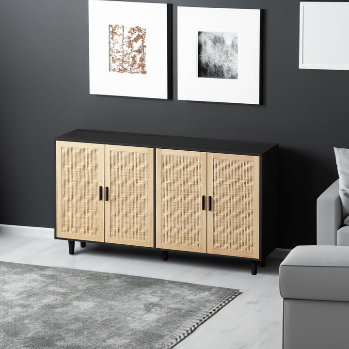 Rattan Storage Cabinet with 4 Doors, Black Sideboard