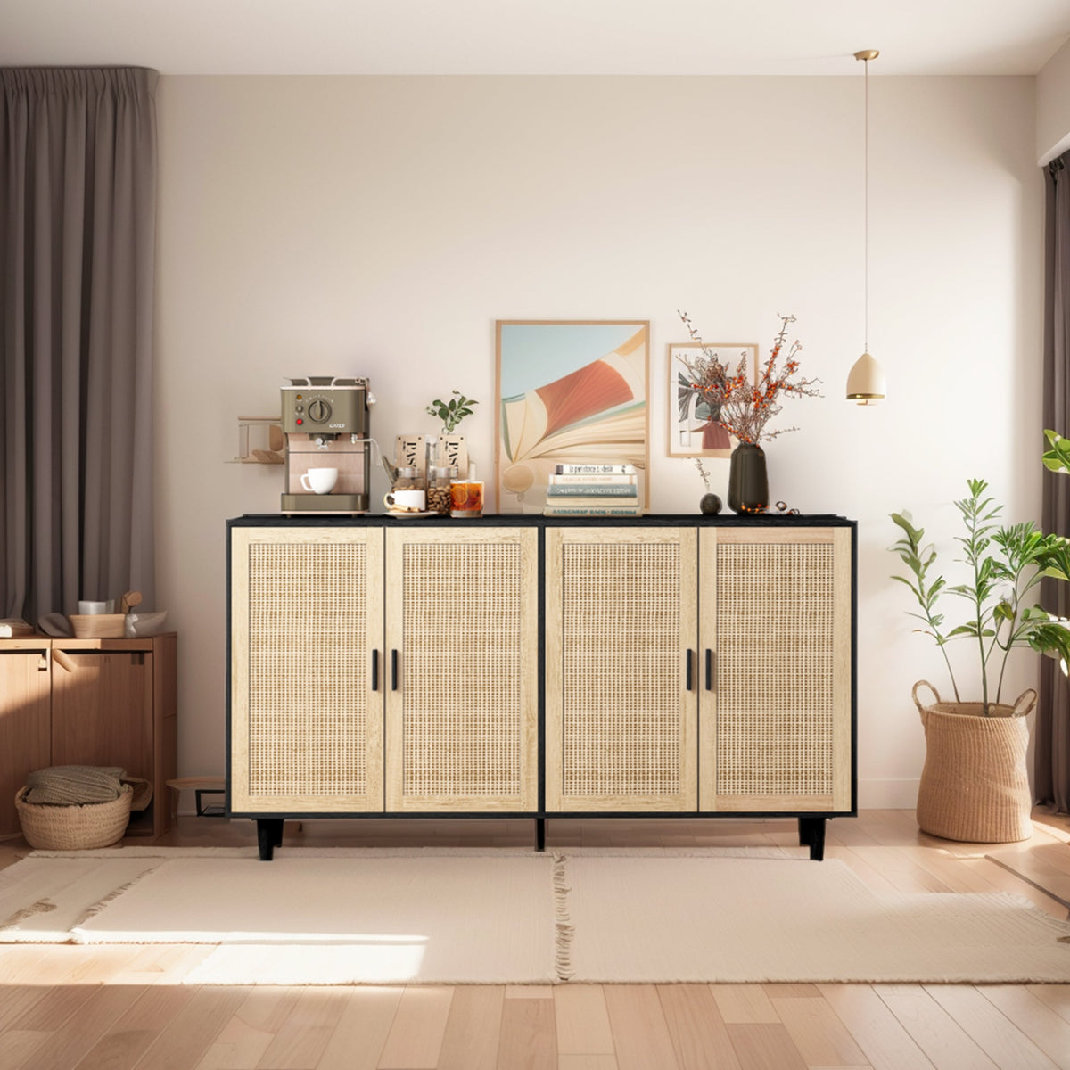 Rattan Storage Cabinet with 4 Doors, Black Sideboard