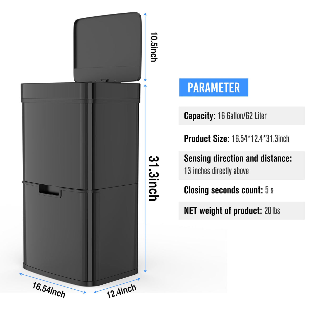 Hands-Free 62L Sensor Trash Can with Two Compartments