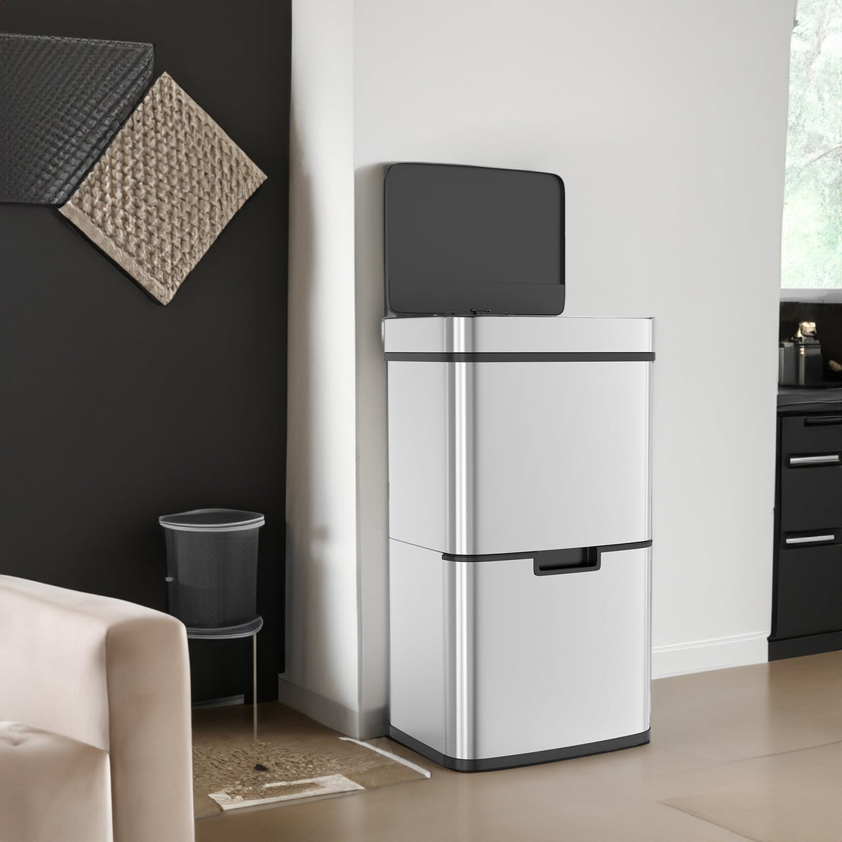Kitchen Trash Can with Dual Compartments for Recycling