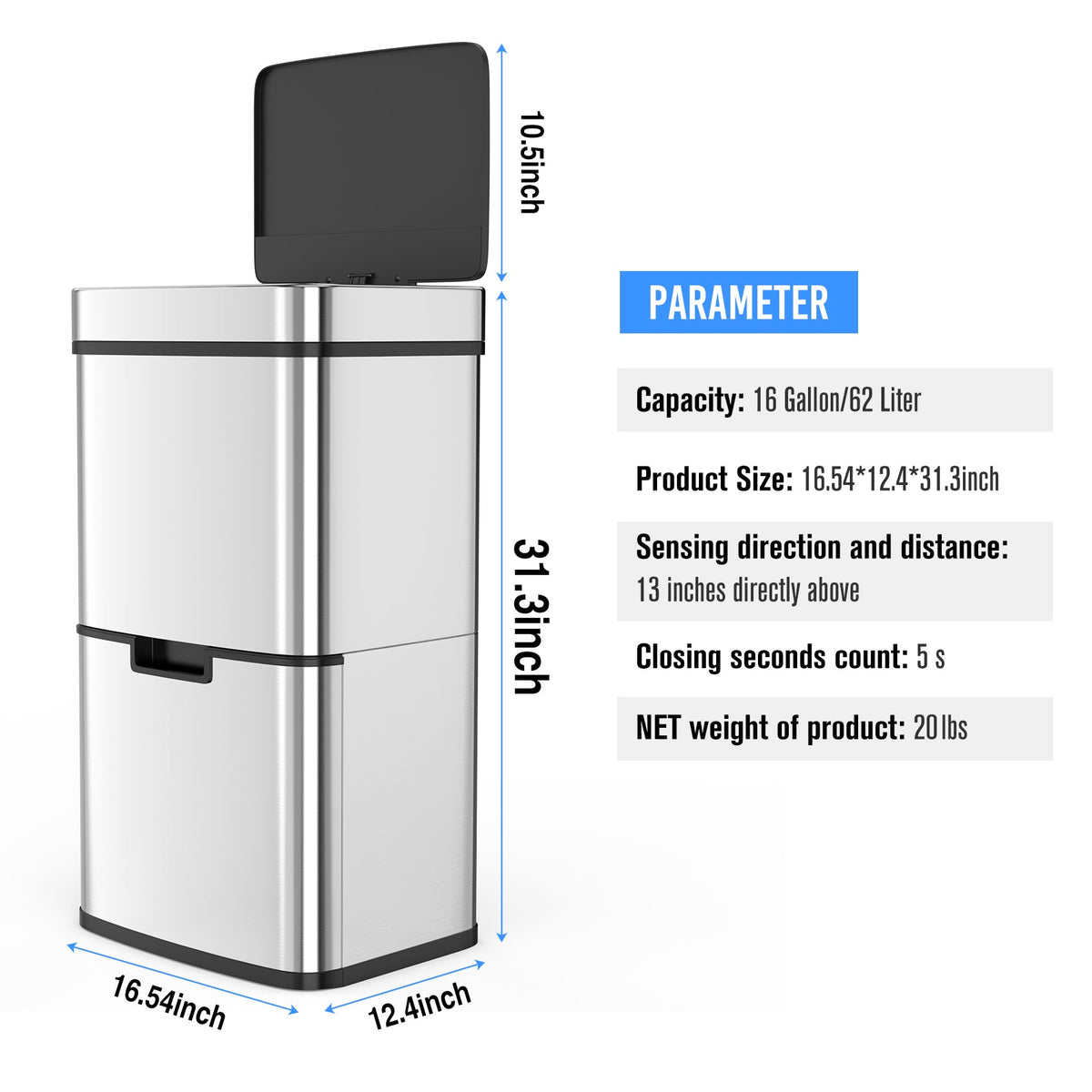 Kitchen Trash Can with Dual Compartments for Recycling