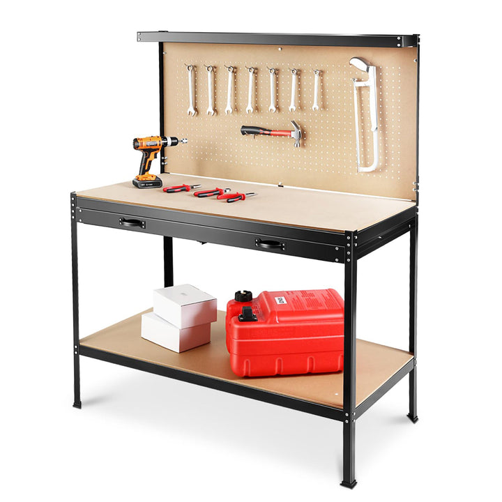63-Inch Metal Workbench with Pegboard and Pull-Out Drawer