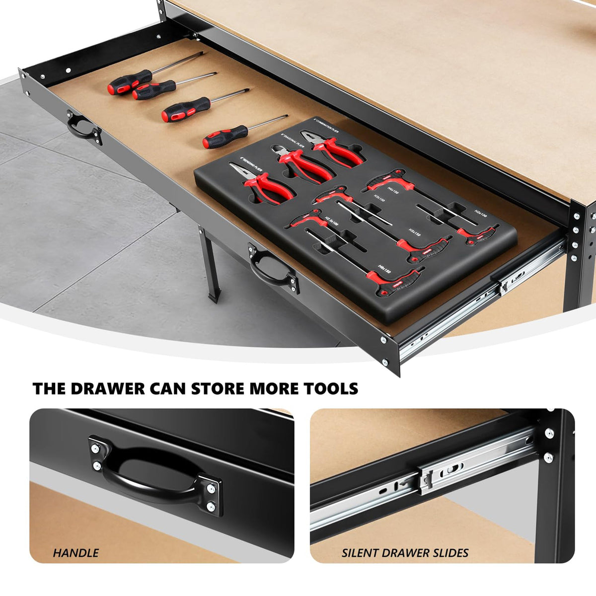63-Inch Metal Workbench with Pegboard and Pull-Out Drawer