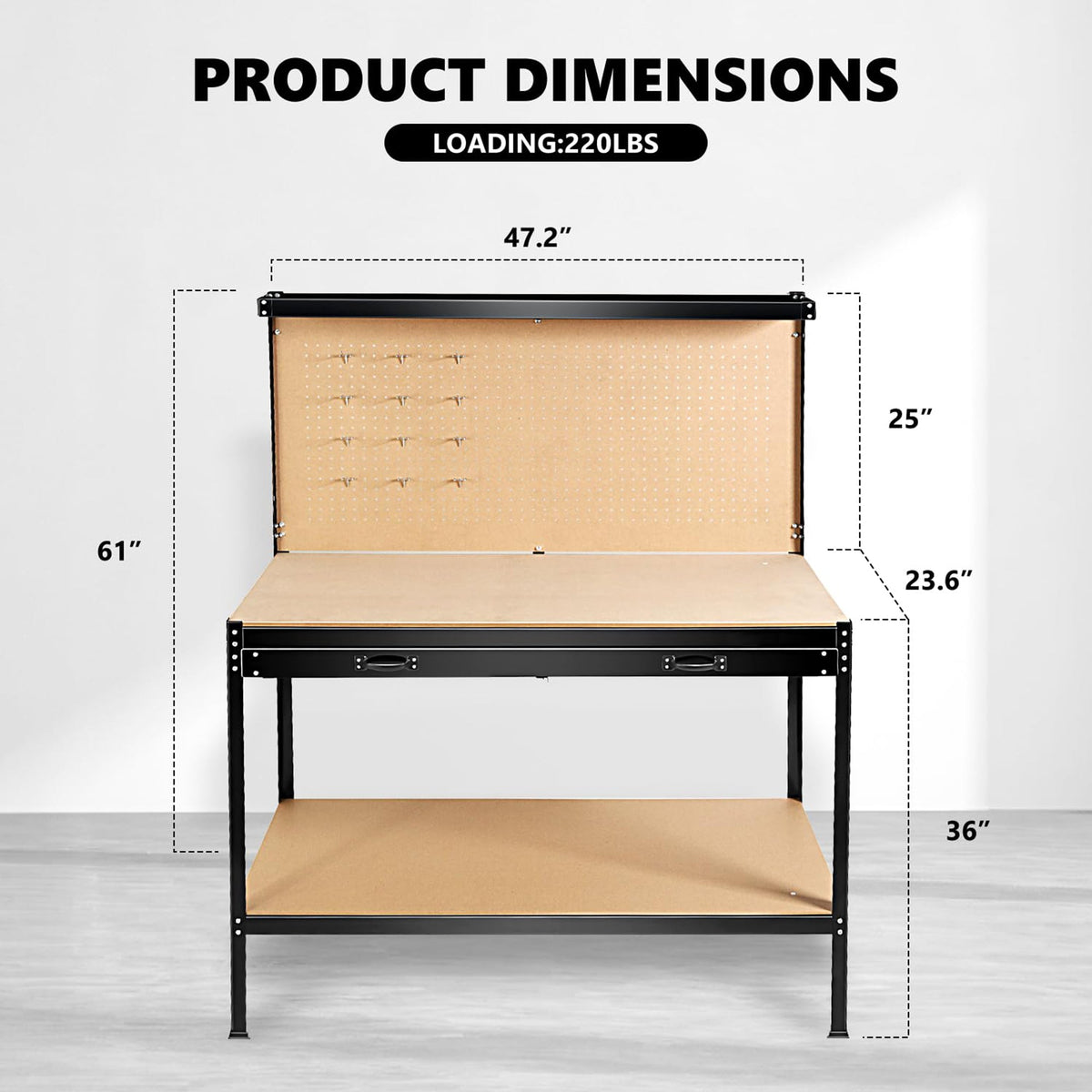 63-Inch Metal Workbench with Pegboard and Pull-Out Drawer