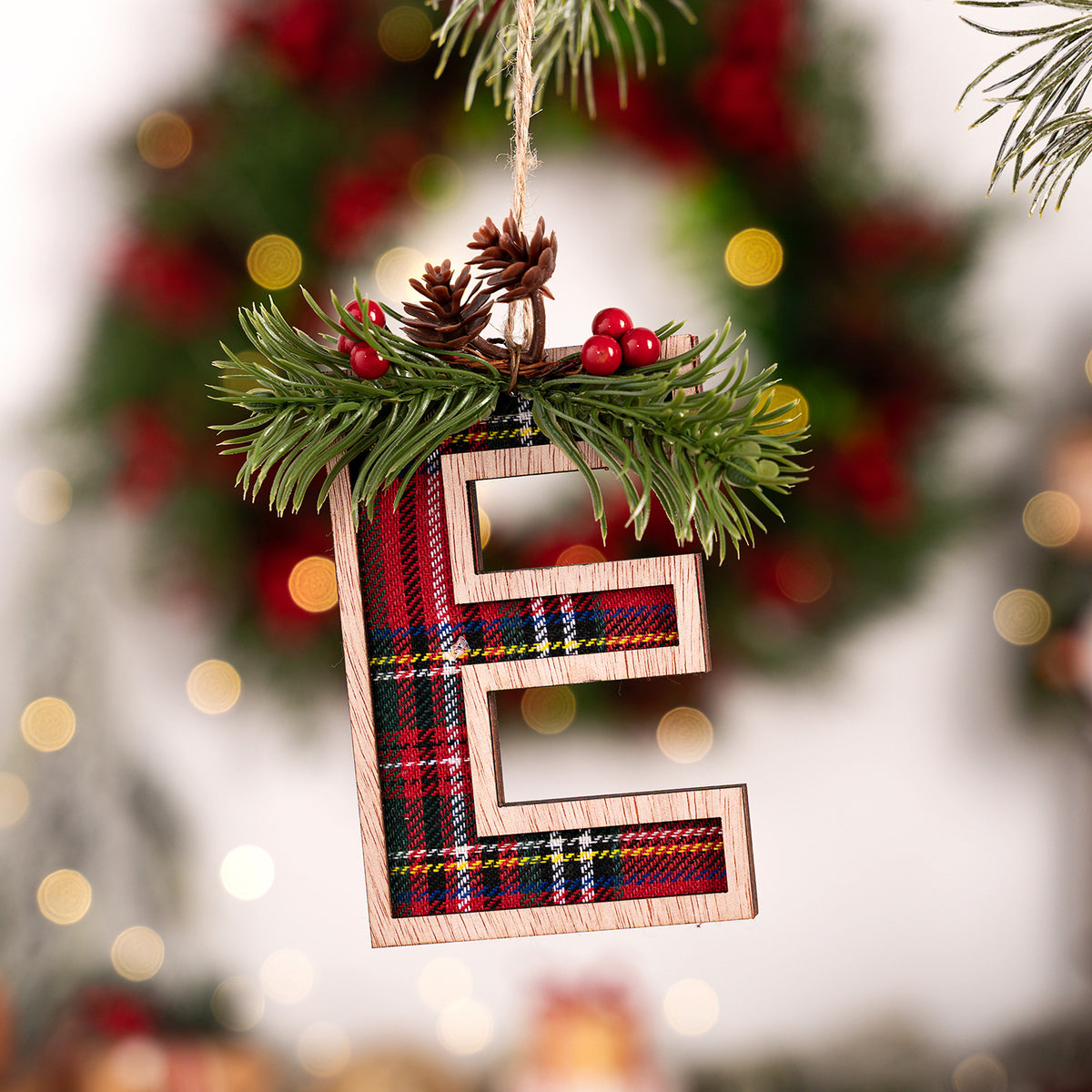 Plaid Letter Christmas Ornament - Rustic Wood Tree Decor