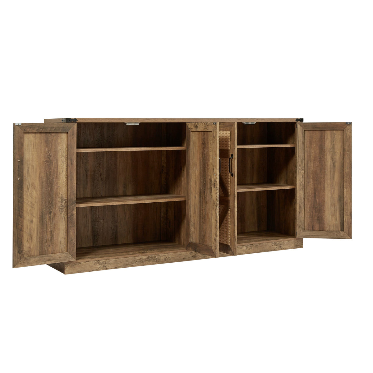 Rustic Oak Faux Rattan Sideboard Buffet, 65-Inch Storage