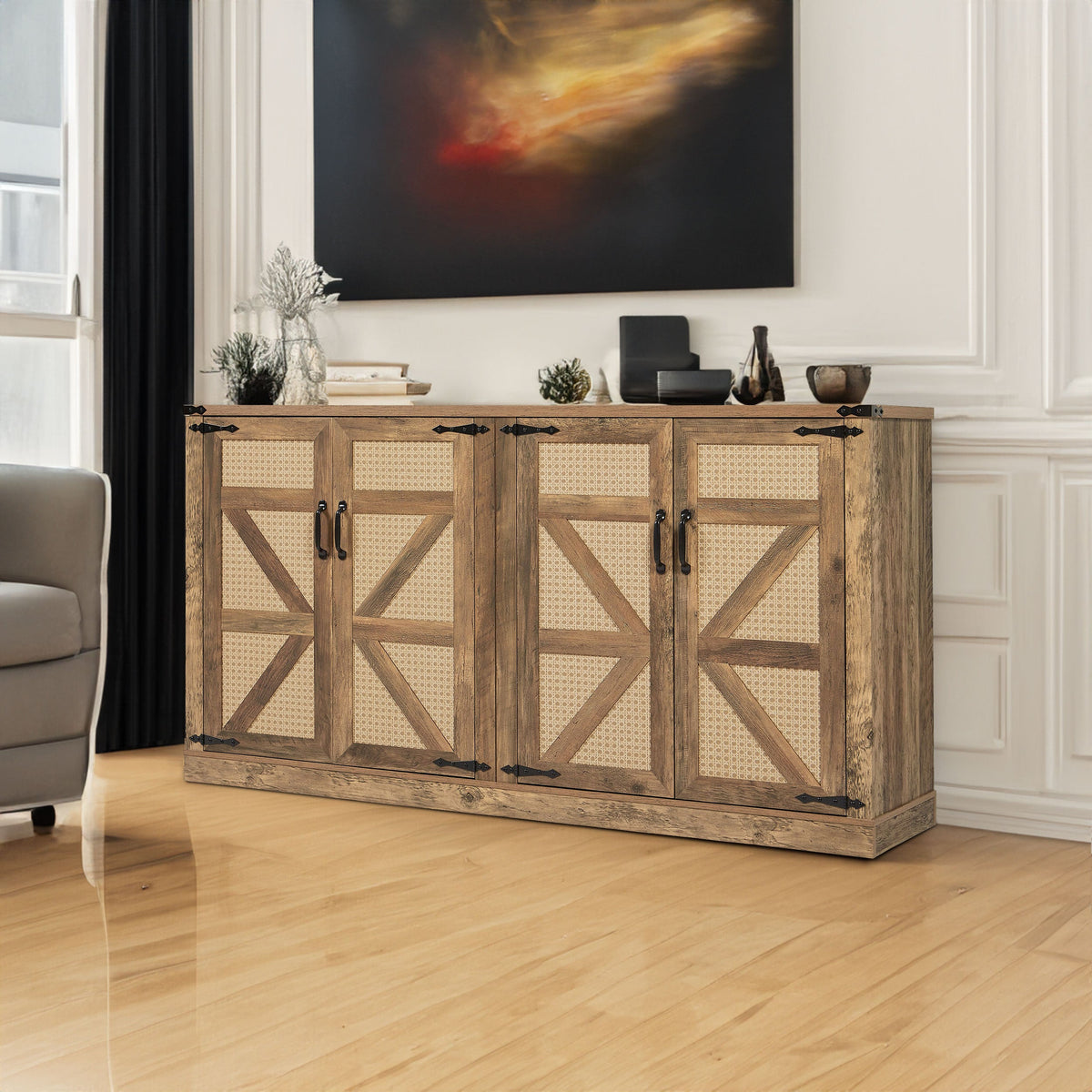 Rustic Oak Faux Rattan Sideboard Buffet, 65-Inch Storage