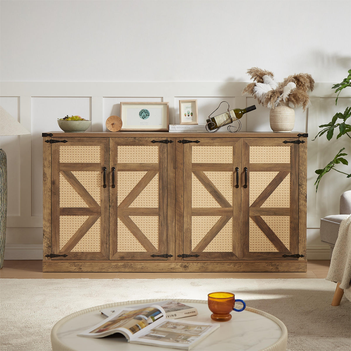 Rustic Oak Faux Rattan Sideboard Buffet, 65-Inch Storage