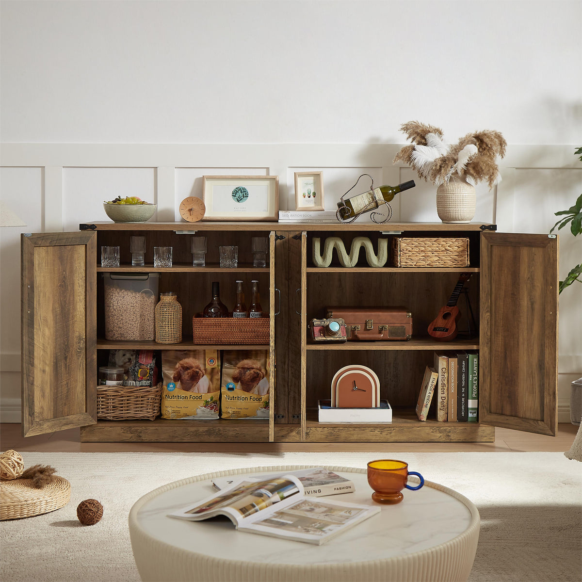 Rustic Oak Faux Rattan Sideboard Buffet, 65-Inch Storage