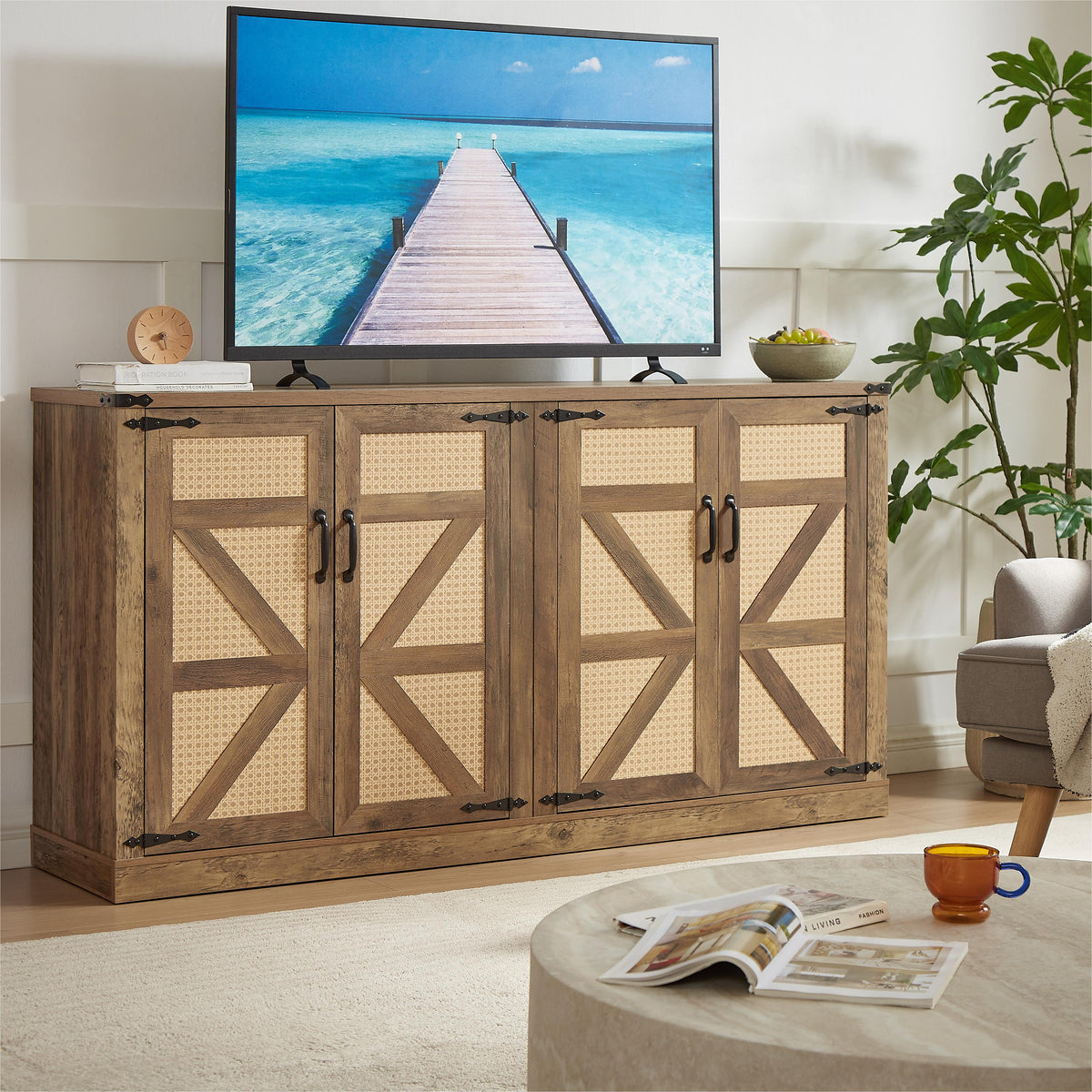 Rustic Oak Faux Rattan Sideboard Buffet, 65-Inch Storage