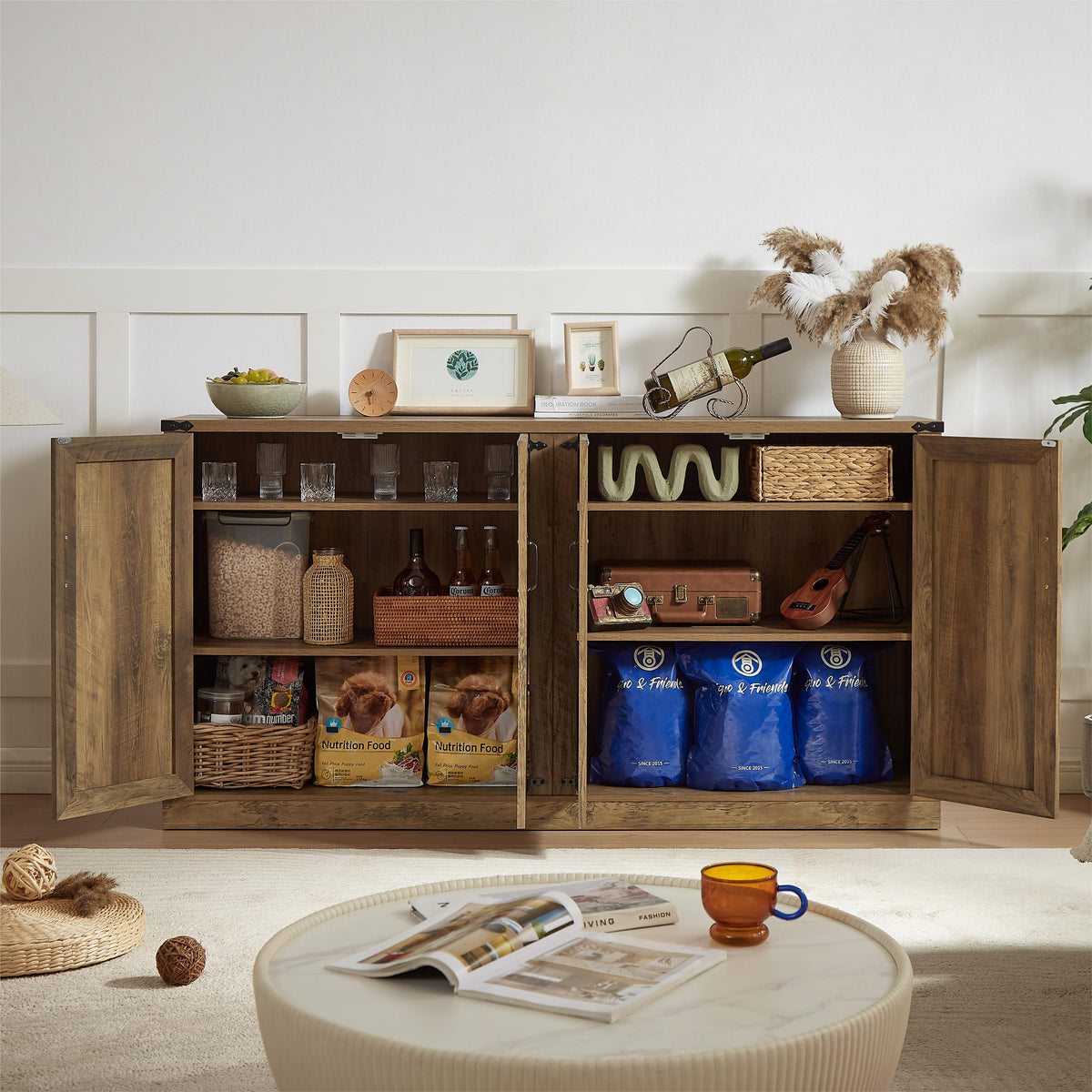 Rustic Oak Faux Rattan Sideboard Buffet, 65-Inch Storage
