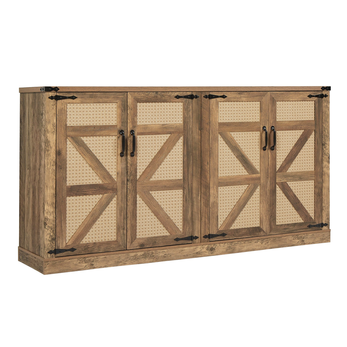 Rustic Oak Faux Rattan Sideboard Buffet, 65-Inch Storage