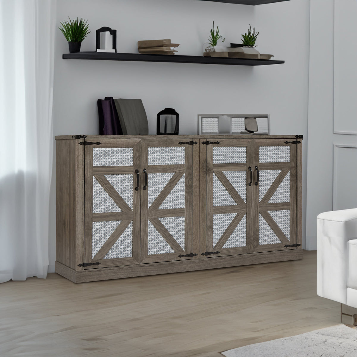 65-Inch Farmhouse Sideboard with Barn Doors and Storage