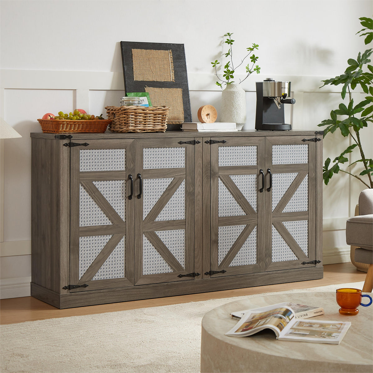 65-Inch Farmhouse Sideboard with Barn Doors and Storage