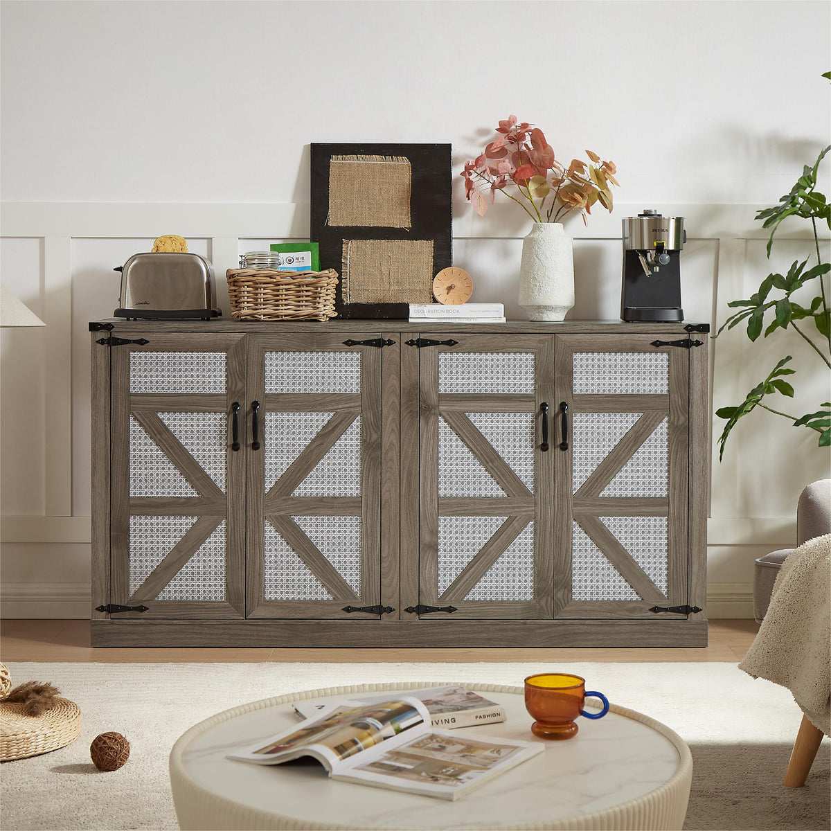 65-Inch Farmhouse Sideboard with Barn Doors and Storage