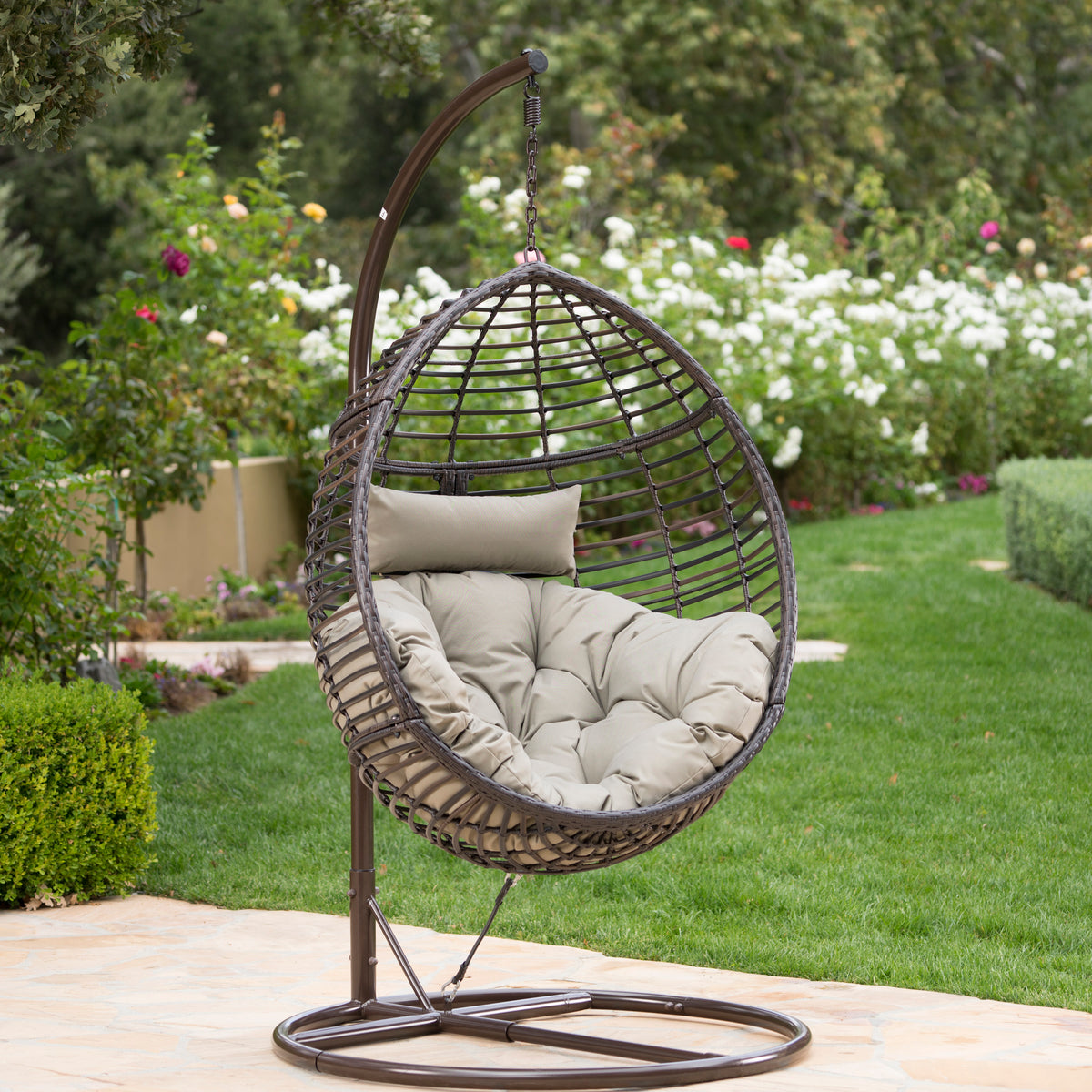Brown Wicker Egg Hanging Chair with Cushion for Patio