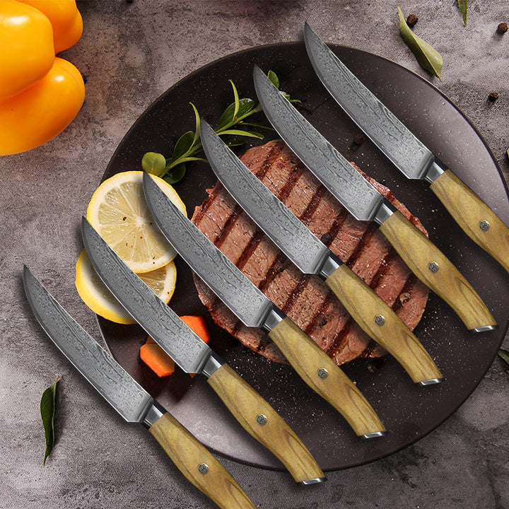 Damascus Steak Knives Set of 6 with Olive Wood Handles