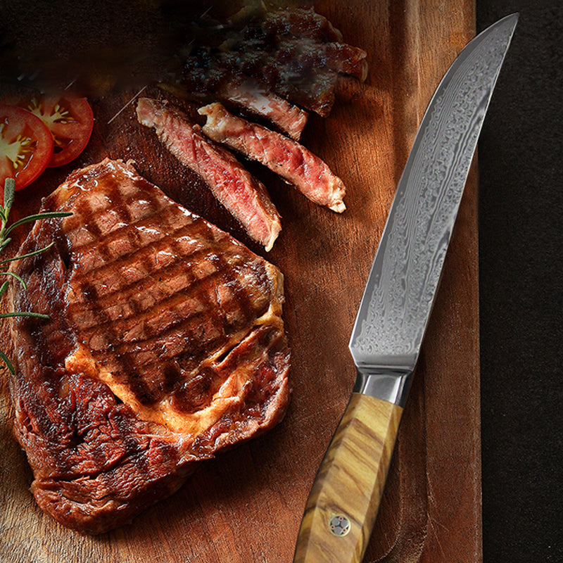 Damascus Steak Knives Set of 6 with Olive Wood Handles