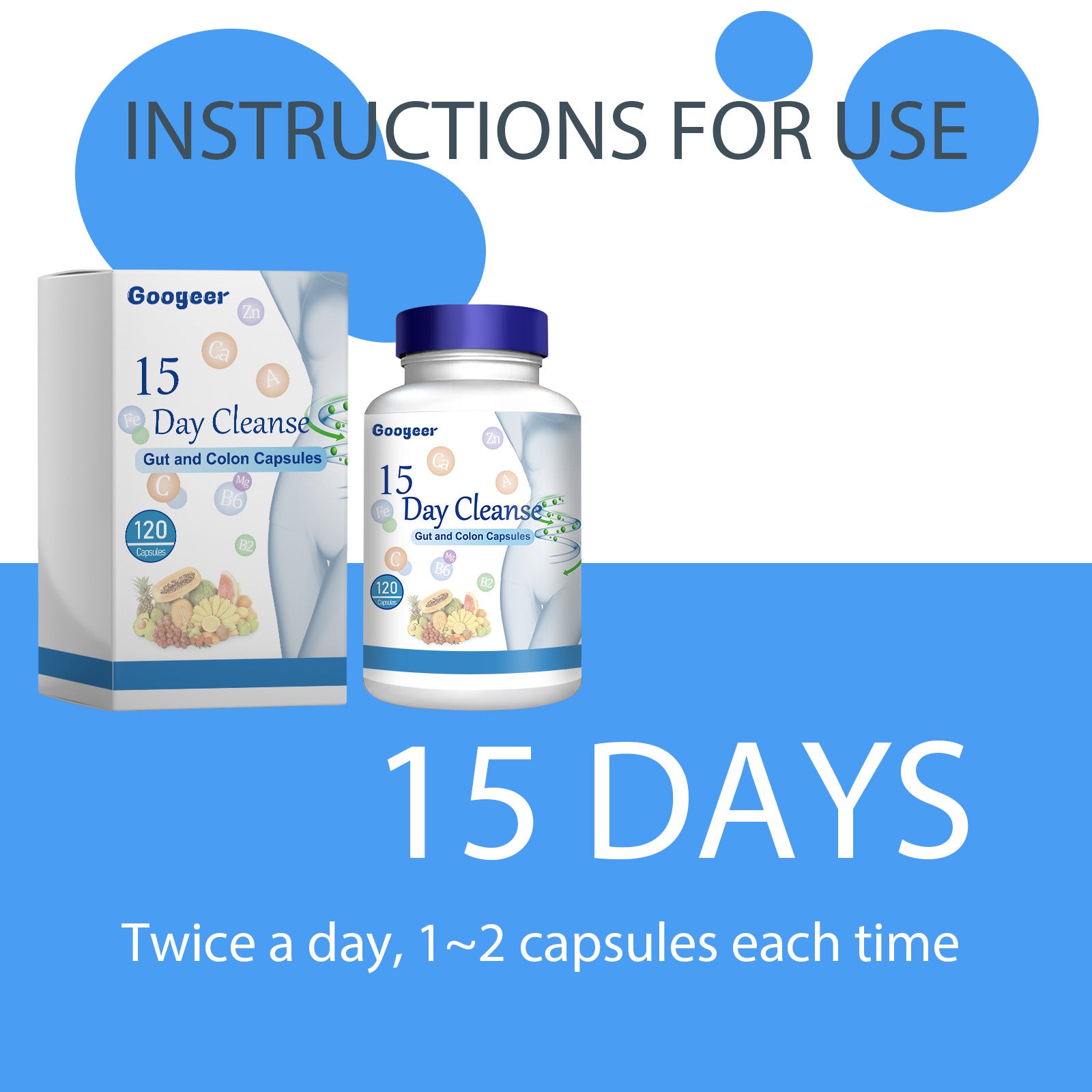 Usage instructions displayed on blue background with product bottles and bold text