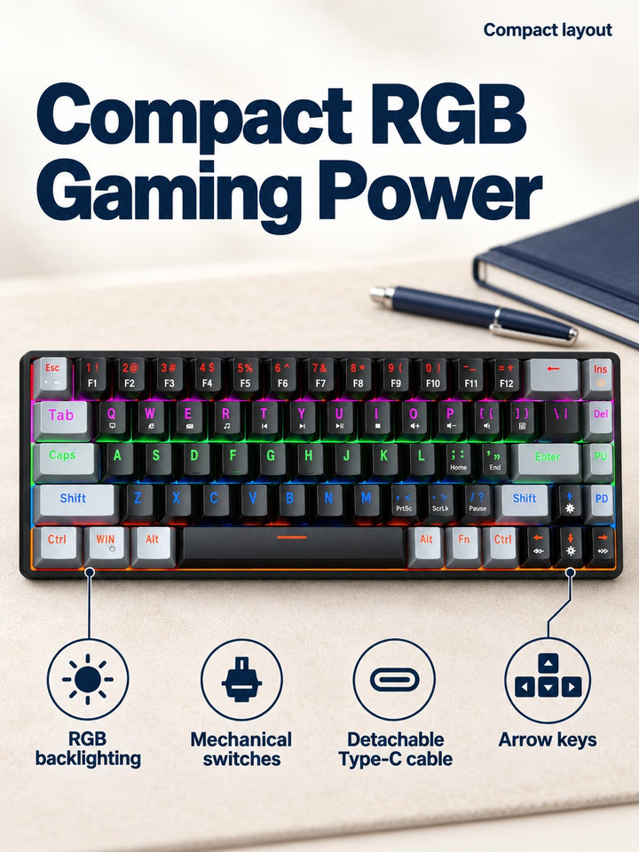 68-Key RGB Mechanical Gaming Keyboard, Compact 60% Layout