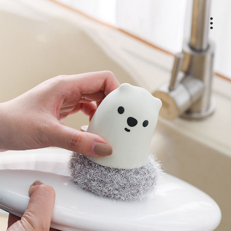 Bear Pot Brush with Steel Wire Scrubber and Saucer