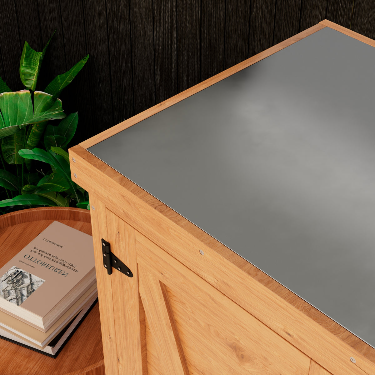 Outdoor Potting Bench with Storage Cabinet and Metal Top