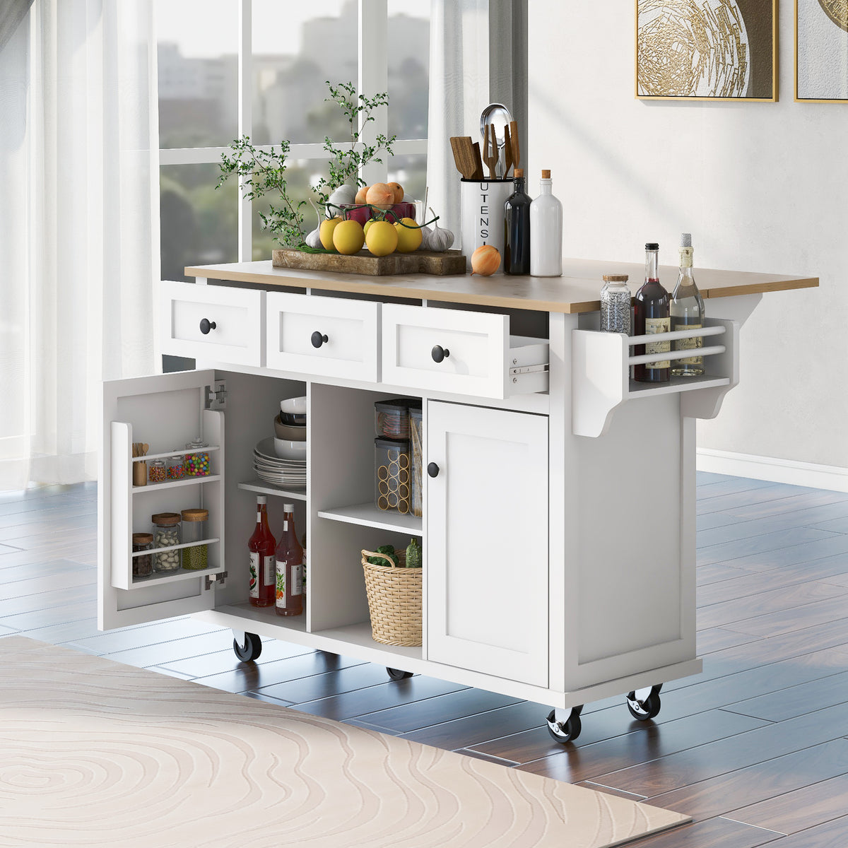 Rubber Wood Kitchen Island Cart with Drop Leaf Extensions