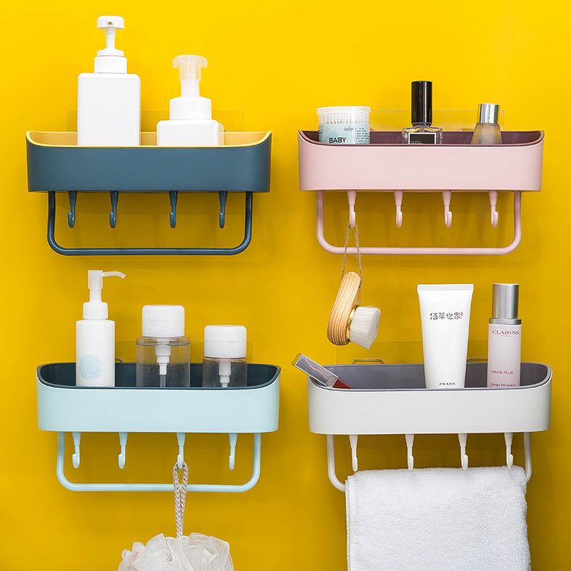 Punch-Free Bathroom Wall Shelf with Hooks and Towel Bar