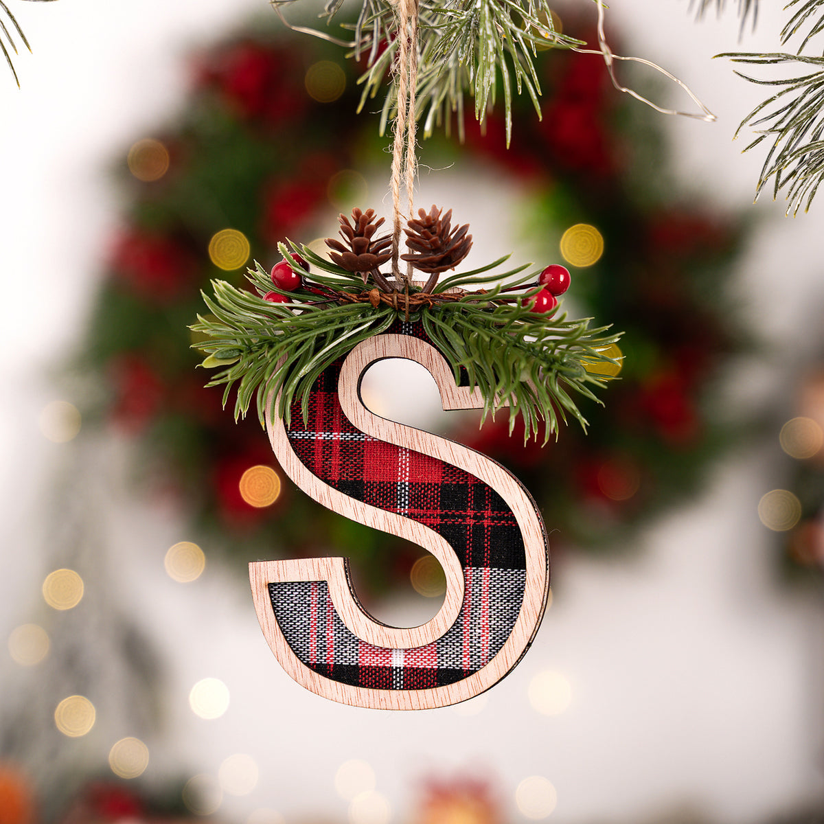 Plaid Letter Christmas Ornament - Rustic Wood Tree Decor