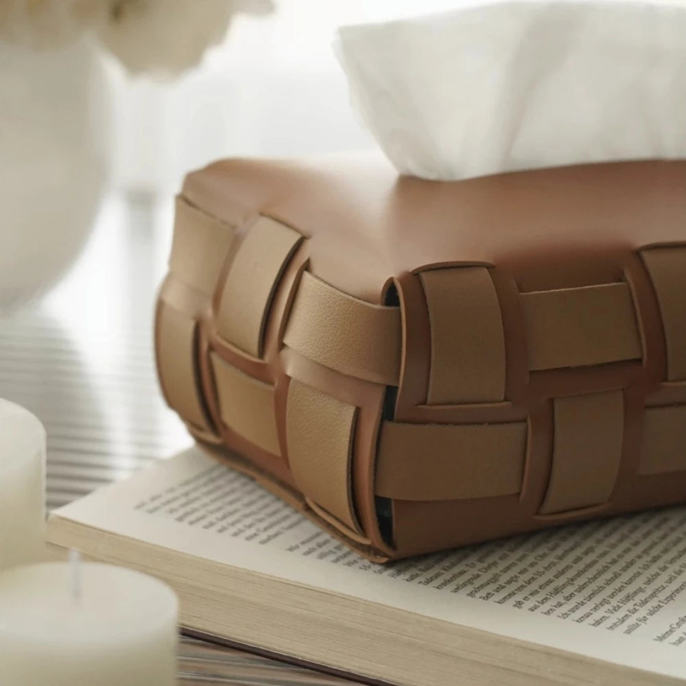 Woven Faux-Leather Tissue Box Holder for Living Room