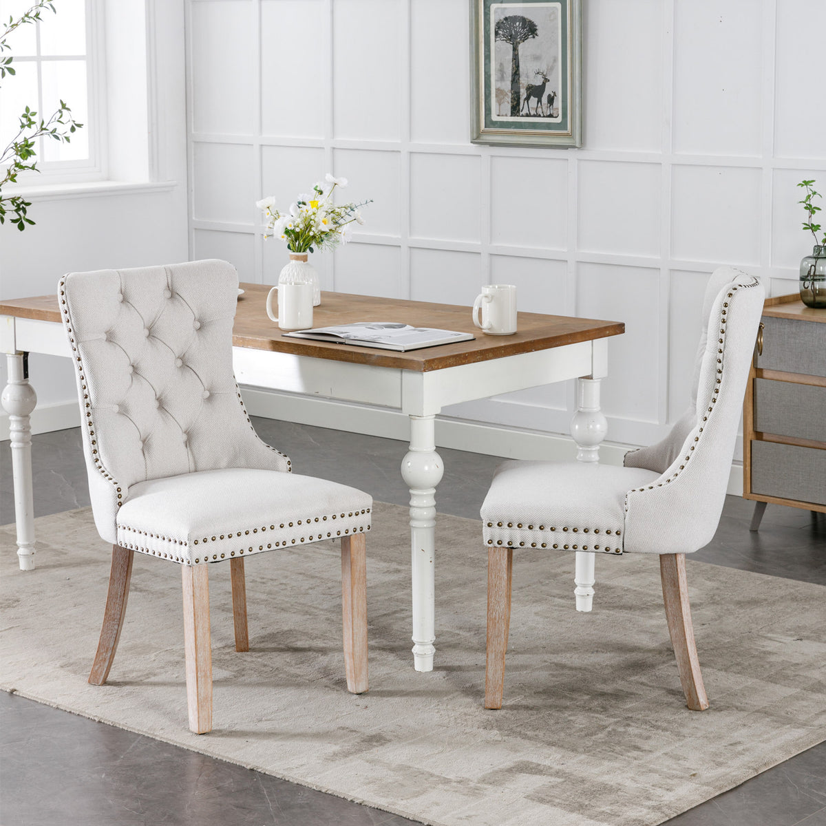 Tufted Flax Upholstered Dining Chair Set with Wood Legs