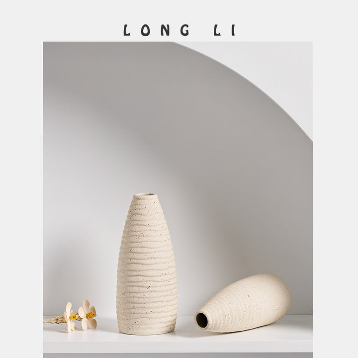 Cream Ribbed Ceramic Vase for Dried Flowers, Nordic Decor