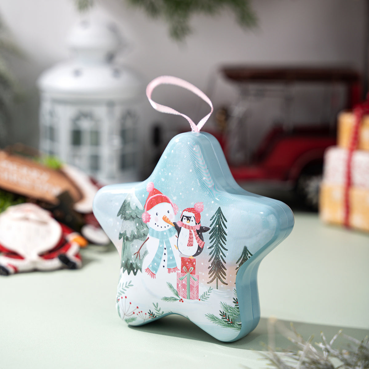 Christmas Star Candy Box Tin with Hanging Ornament