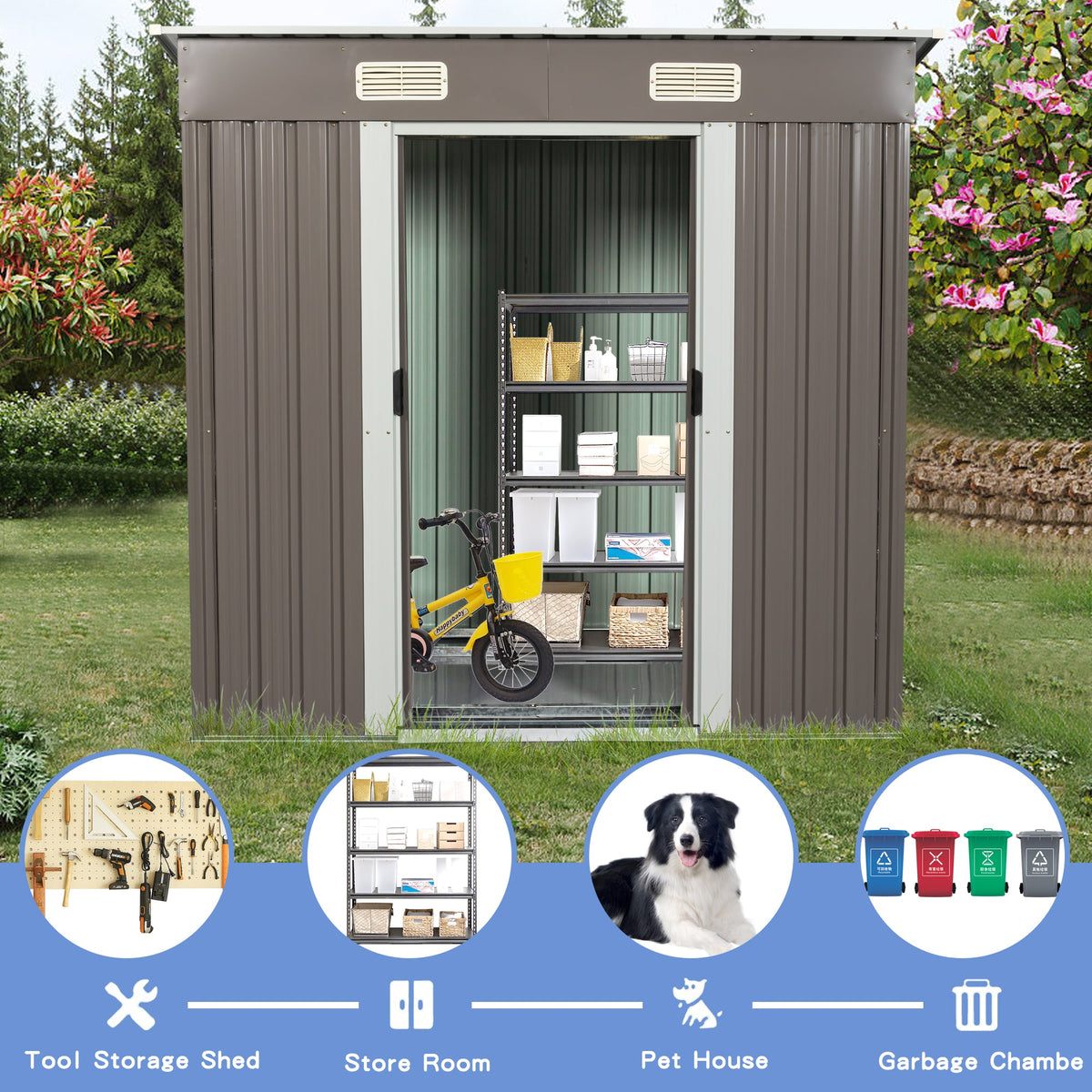 6ft x 4ft Metal Garden Shed with Lockable Sliding Doors