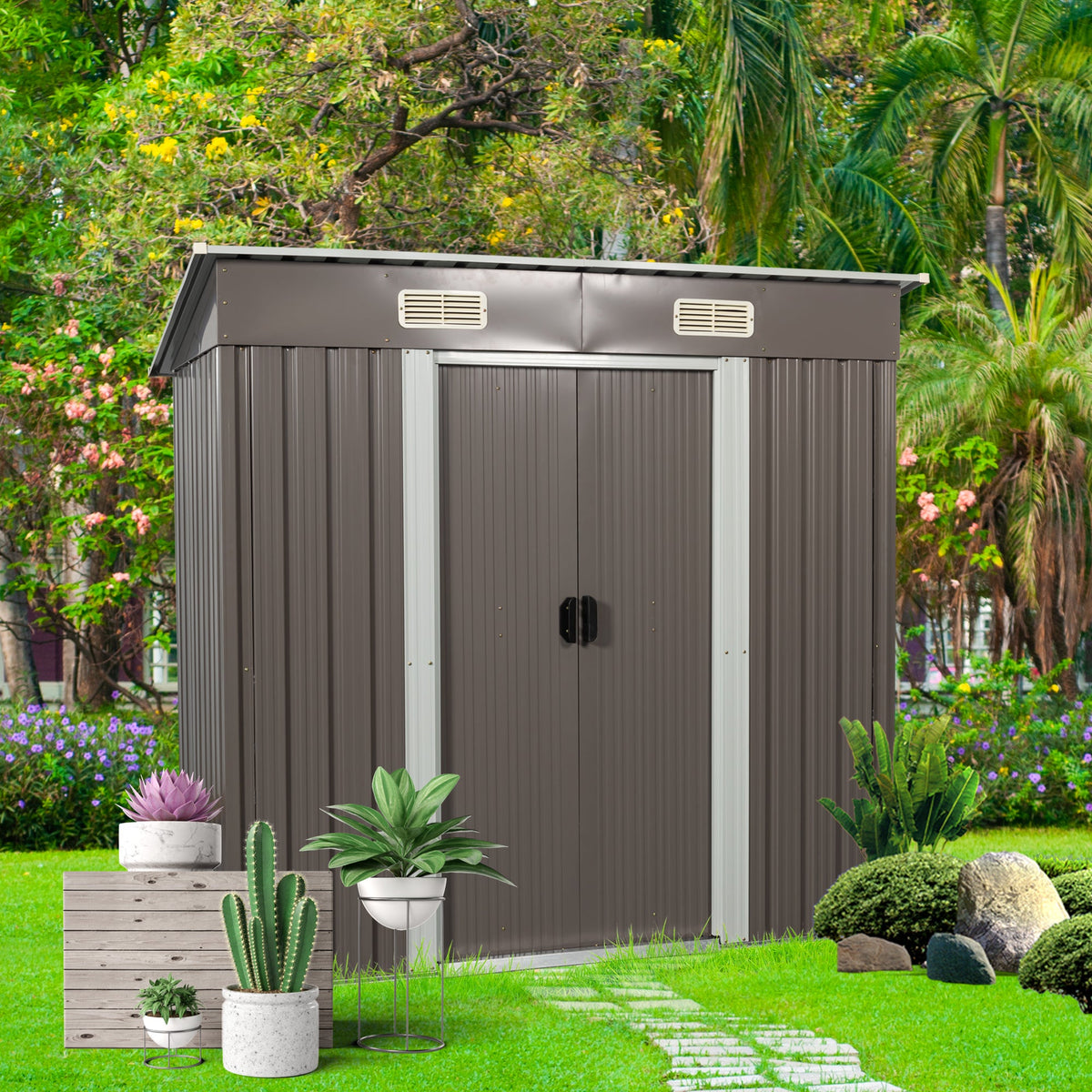 6ft x 4ft Metal Garden Shed with Lockable Sliding Doors