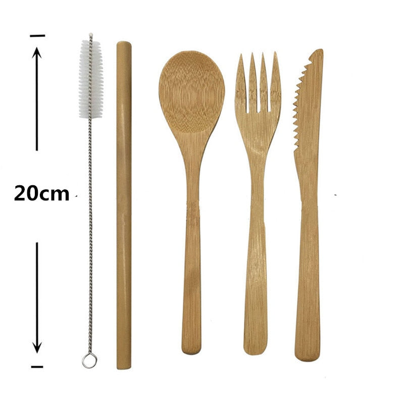 Reusable Bamboo Travel Cutlery Set with Straw & Pouch