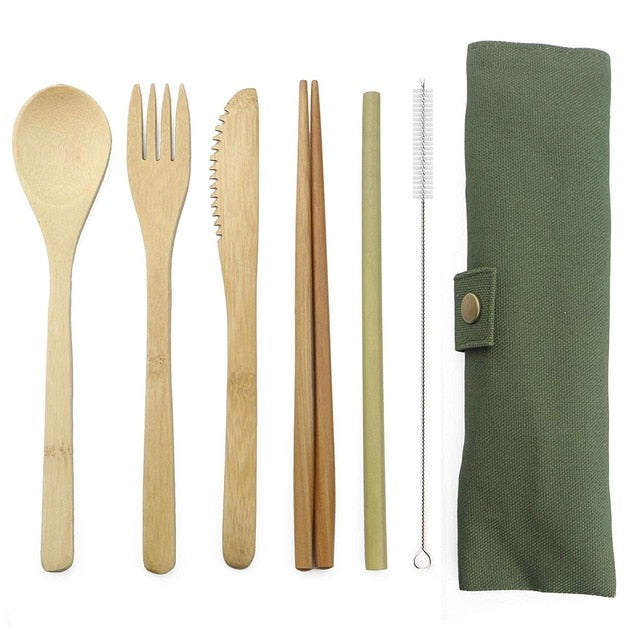 Bamboo Travel Cutlery Set With Pouch, 7 Pieces