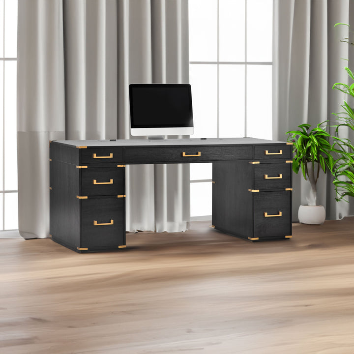 Black Executive Desk with USB Ports and File Drawers