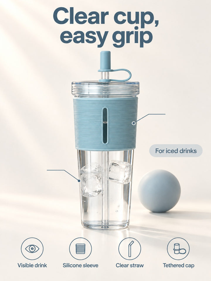 700ml Clear Straw Cup with Silicone Sleeve for Iced Drinks