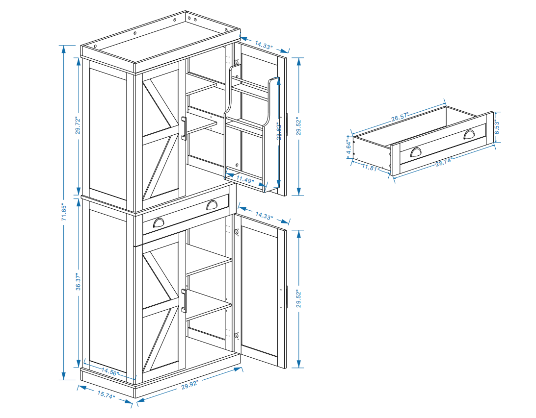 71" Farmhouse Pantry Cabinet with Doors and Drawer