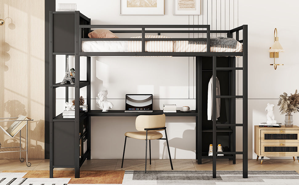 Full-Size Metal Loft Bed with Desk, Wardrobe & Storage