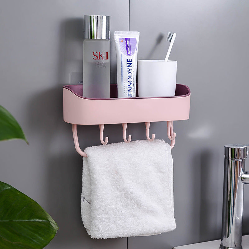 Punch-Free Bathroom Wall Shelf with Hooks and Towel Bar