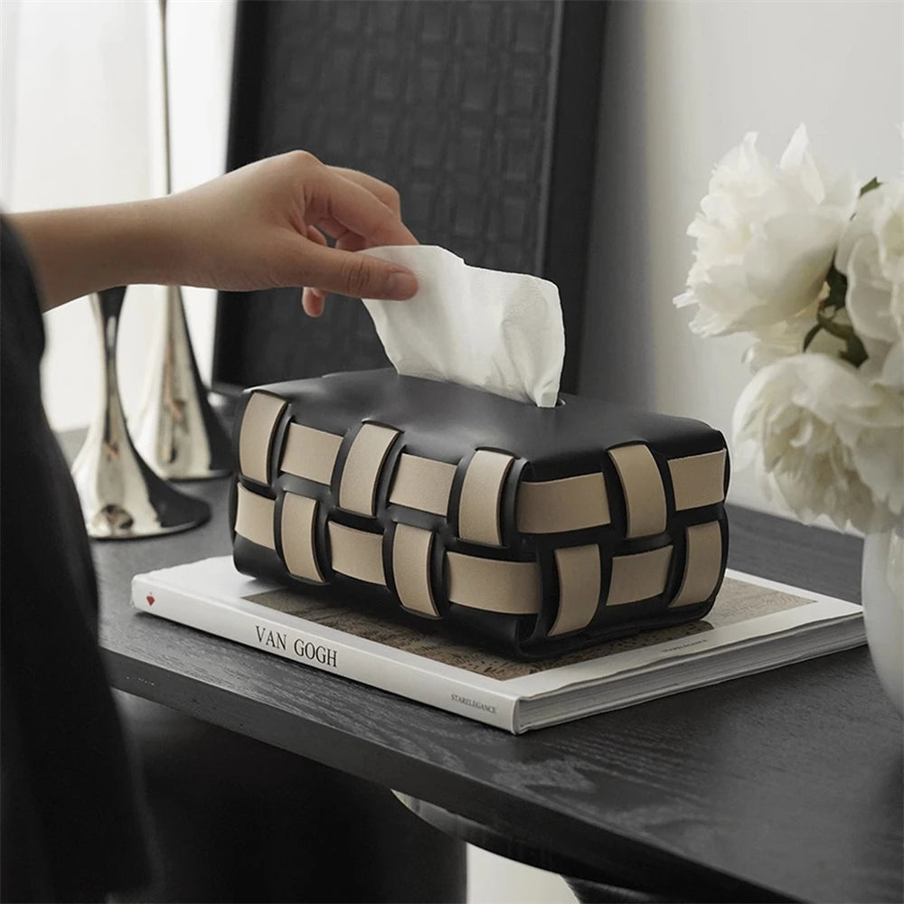 Woven Faux-Leather Tissue Box Holder for Living Room