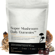 Product packaging front display with surrounding mushroom ingredients and finished gummies
