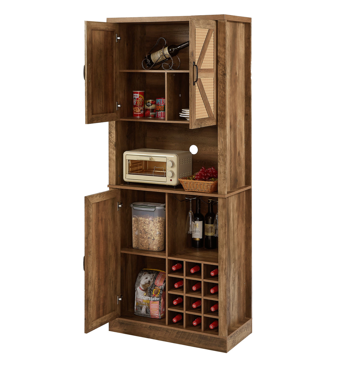 Farmhouse Kitchen Wine Cabinet with Rattan Doors & Storage