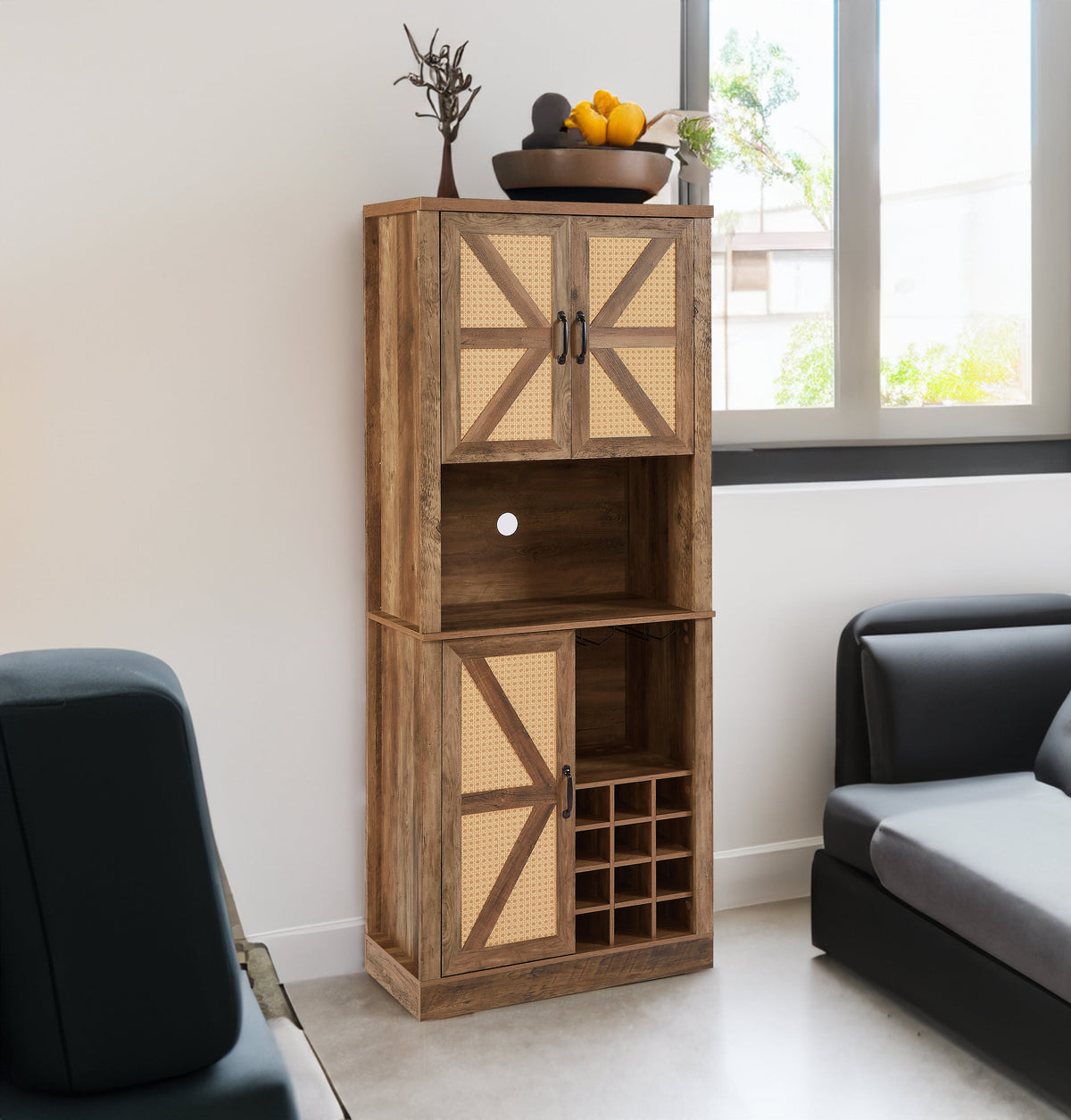 Farmhouse Kitchen Wine Cabinet with Rattan Doors & Storage