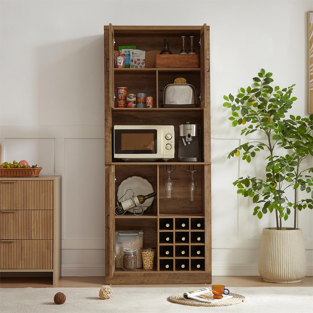 Farmhouse Kitchen Wine Cabinet with Rattan Doors & Storage