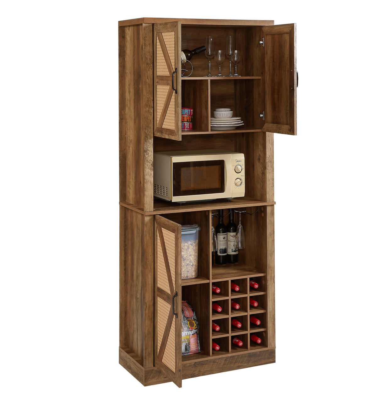 Farmhouse Kitchen Wine Cabinet with Rattan Doors & Storage