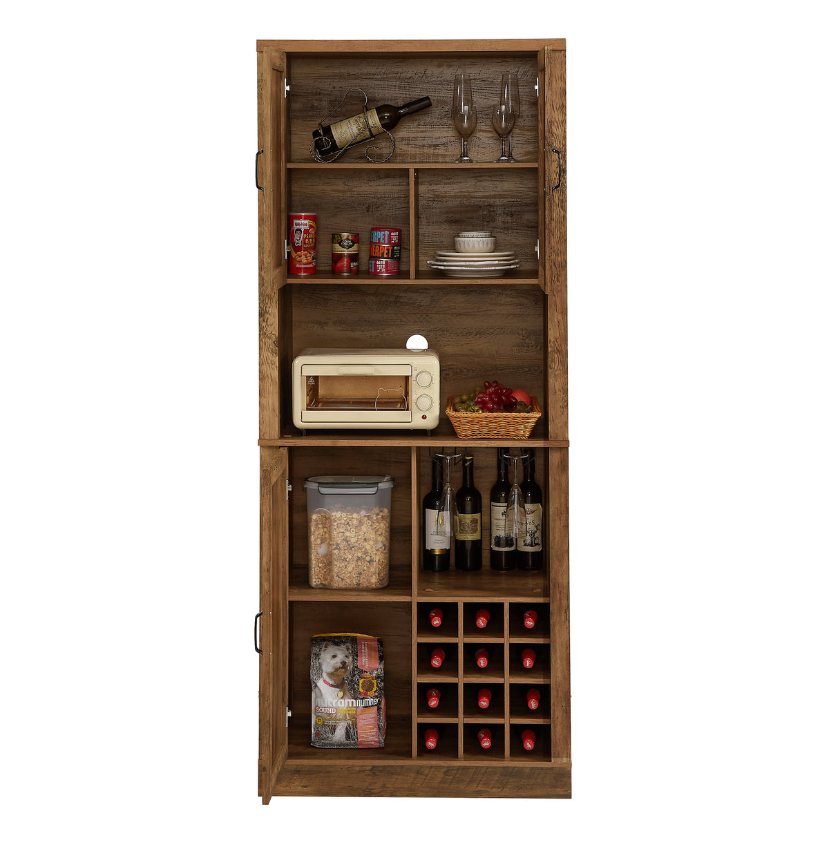 Farmhouse Kitchen Wine Cabinet with Rattan Doors & Storage