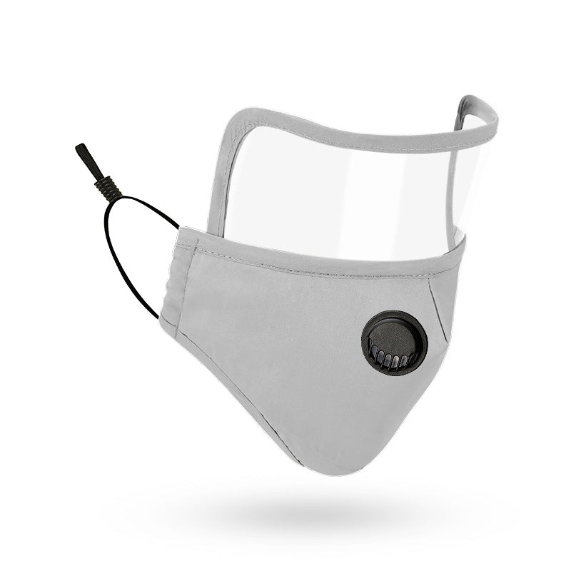 Light grey Lens Mask with integrated clear eye shield and black breathing valve shown at a three-quarter angle on white background